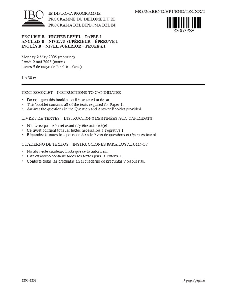 English B Paper 1 Text Booklet HL | PDF