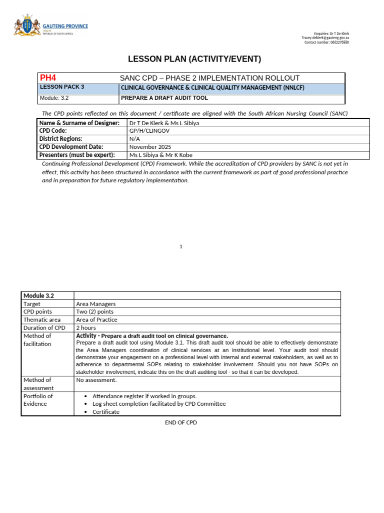 CPD Lesson Plan: Clinical Governance Audit Tool | PDF | Audit | Health Care