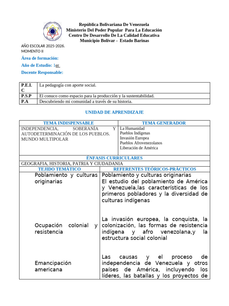 Unidad de Aprendizaje 1 ER AÑO GHC | PDF | Venezuela | Aprendizaje