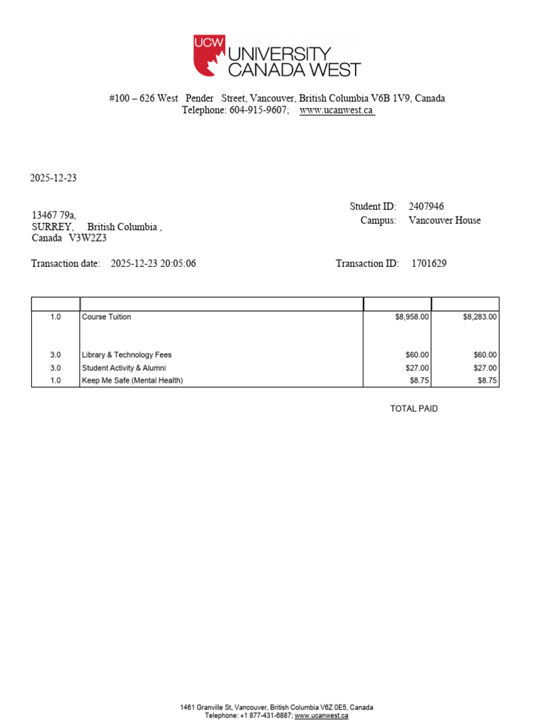 Payment Receipt for UCW Tuition | PDF