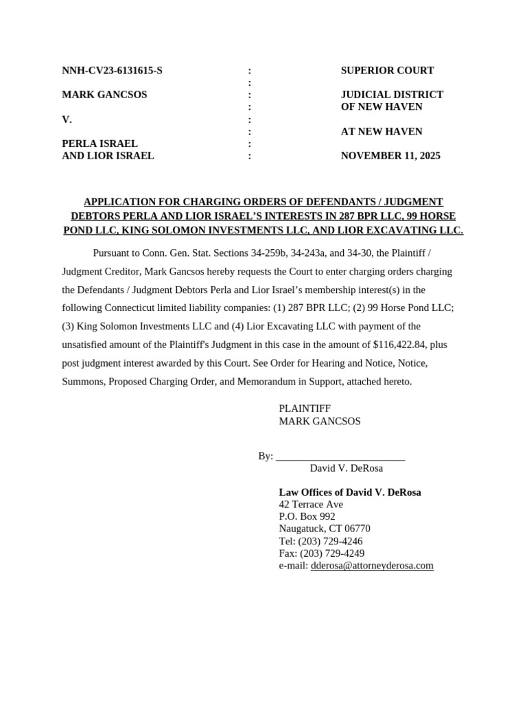 Gancsos v. Israel Charging Order Draft | PDF | Common Law | Private Law