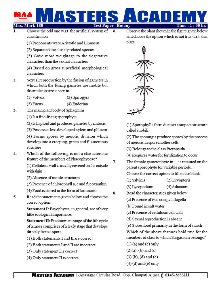 Botany Test Paper Questions and Answers | PDF | Spore | Sexual Reproduction