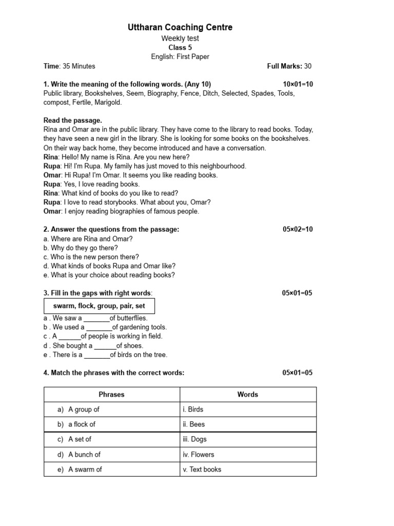 Class 5 - English | PDF