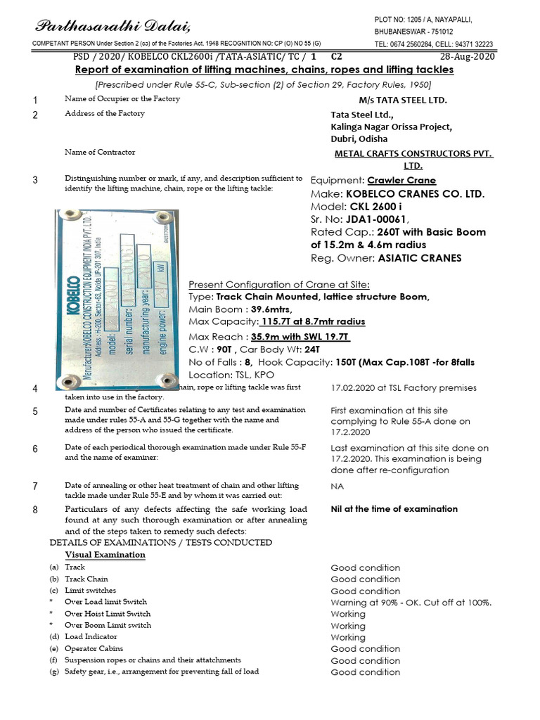 Crane Examination Report for TATA Steel | PDF | Crane (Machine ...