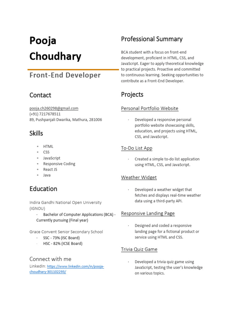 RESUME January 2024_Pooja | PDF | Java Script | Computing