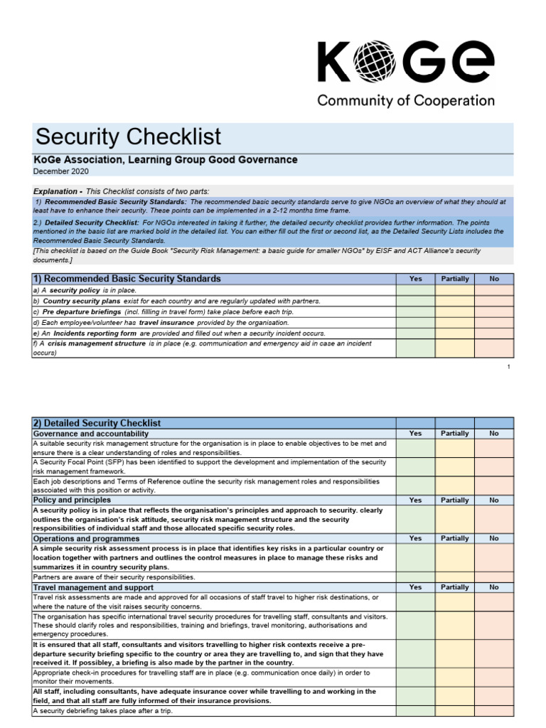 KoGe Security Checklist v280120 | PDF | Crisis Management | Risk Management