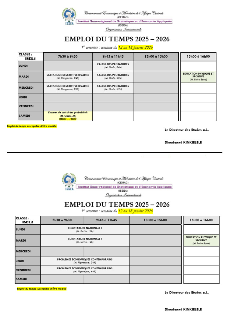 Emploi du temps 2025-2026 à ISSEA | PDF | Mathématiques appliqués