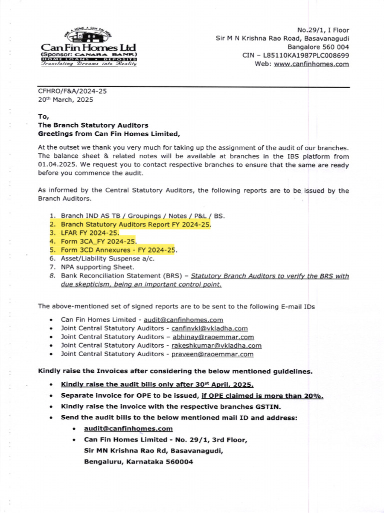Can Fin Homes Audit Instructions 2024-25 | PDF