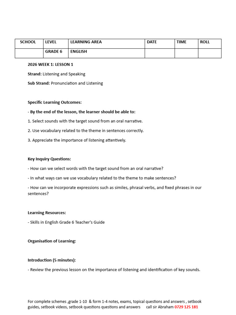 Grade 6 English Listening & Reading Lessons | PDF | Question | Learning