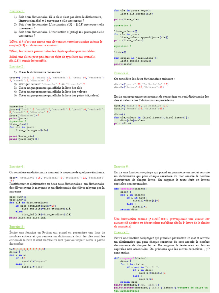 Exercices sur les dictionnaires en Python | PDF | Algorithmes ...