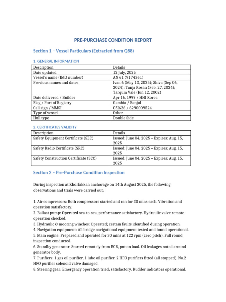Pre-Purchase Condition Report for Vessel AN 61 | PDF | Pump | Valve