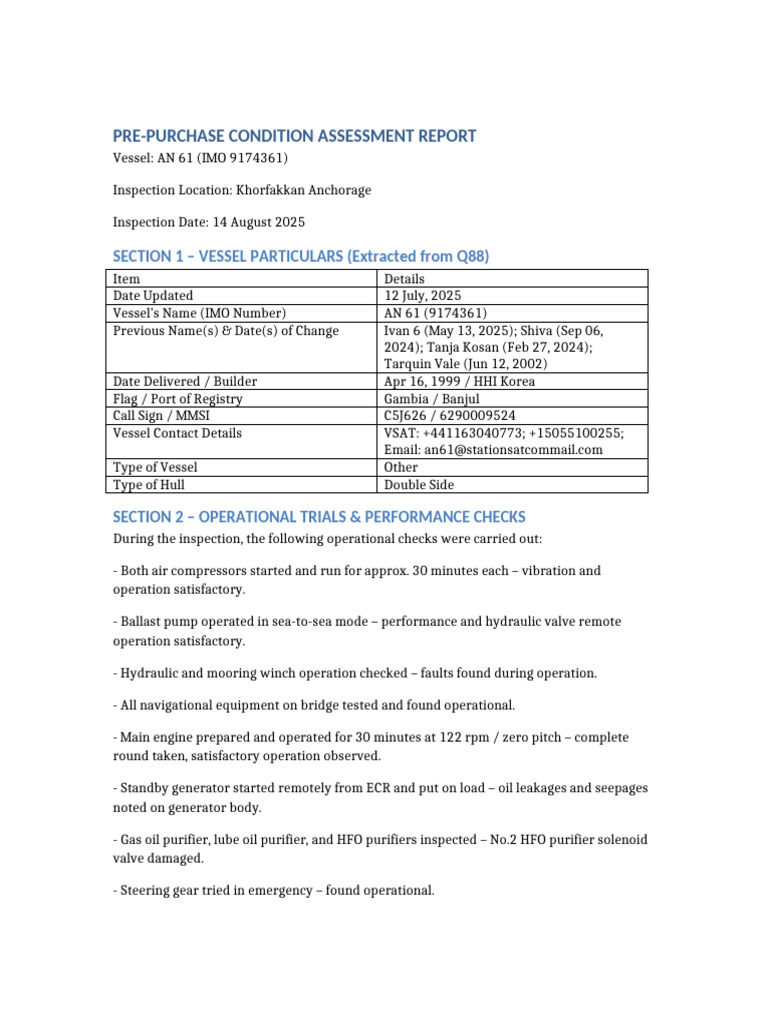 AN 61 Vessel Condition Assessment Report | PDF | Pump | Valve