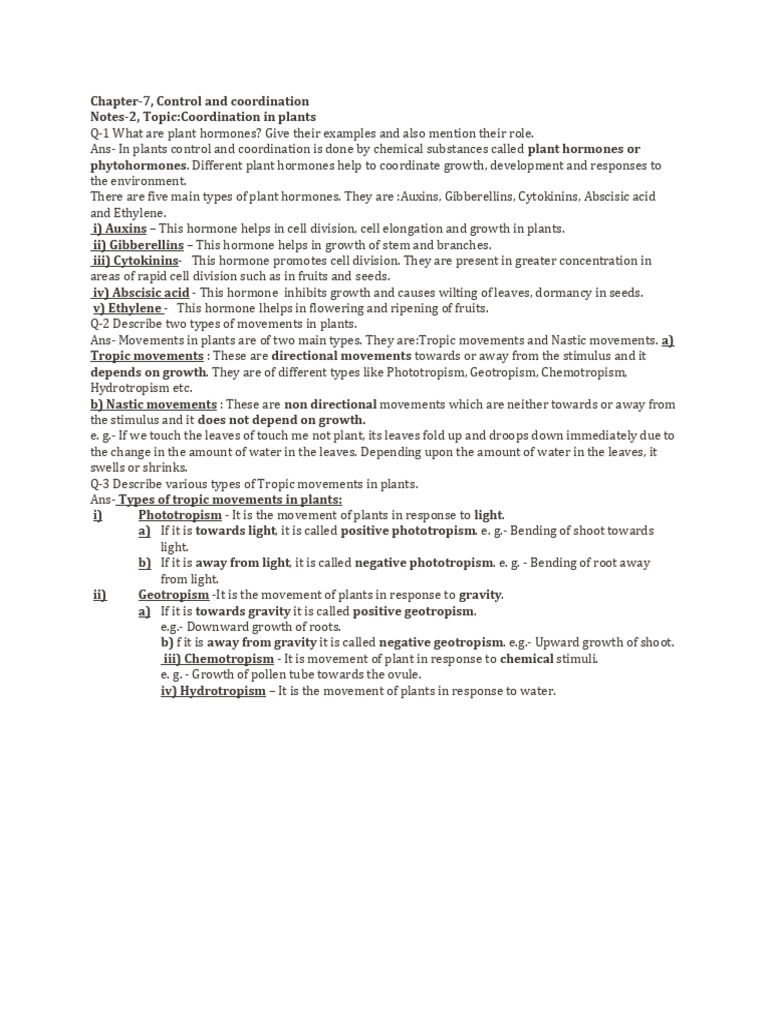 Notes-2 Ch-7 Control and Coordination | PDF | Plant Hormone | Auxin