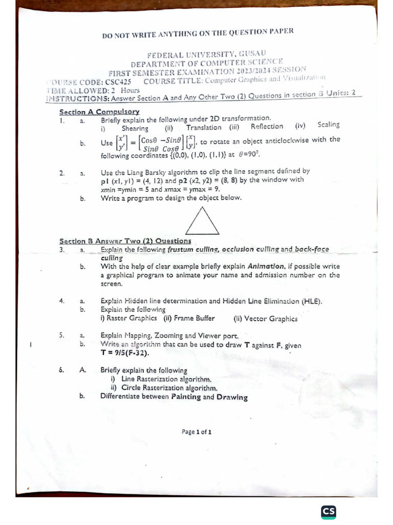 Csc 425 Exam Past Questions Solution 2023-2024 | PDF