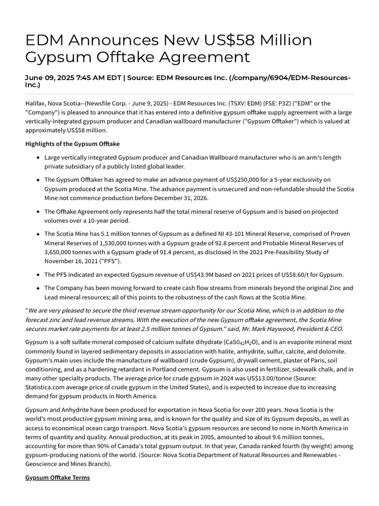 EDM Secures $58M Gypsum Offtake Agreement | PDF | Gypsum