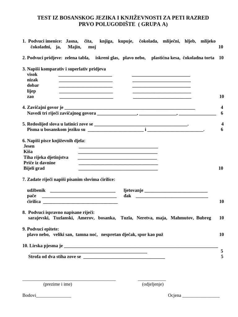 TEST IZ BOSANSKOG ZA V RAZRED - Prvo Polugodište | PDF