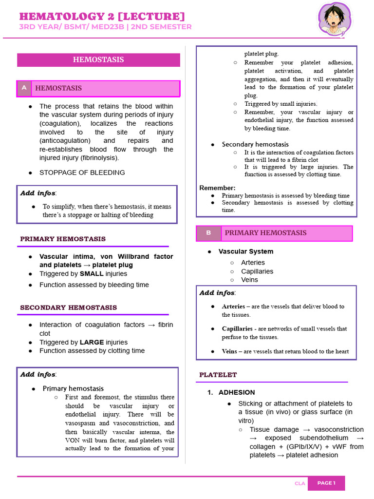 Hema 2 Lecture Hemostasis 1 | PDF | Coagulation | Platelet