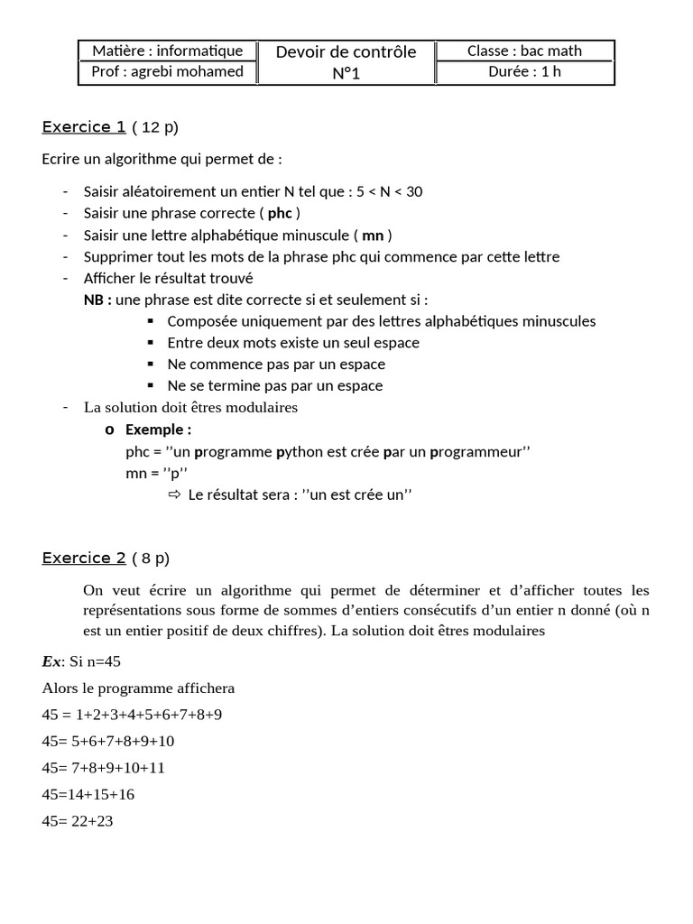 Algorithmes pour Bac Math Informatique | PDF