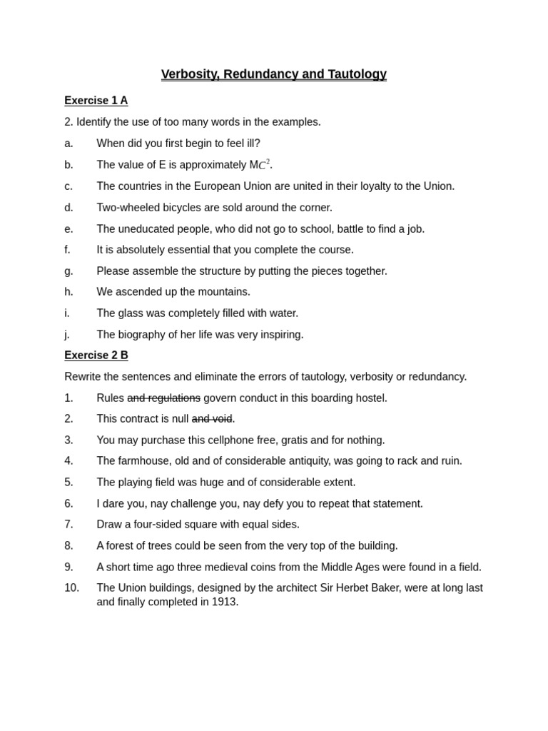 Verbosity, Redundancy and Tautology | PDF