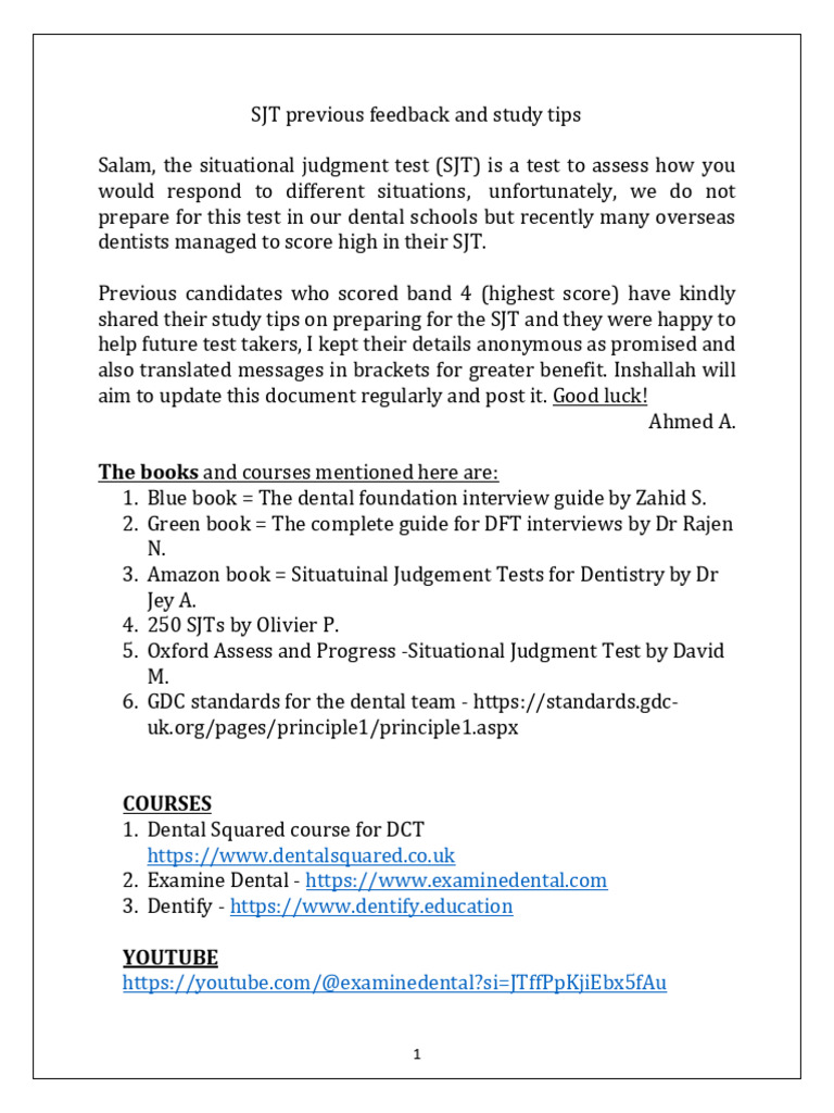 SJT Study Tips and Feedback for Dentists | PDF