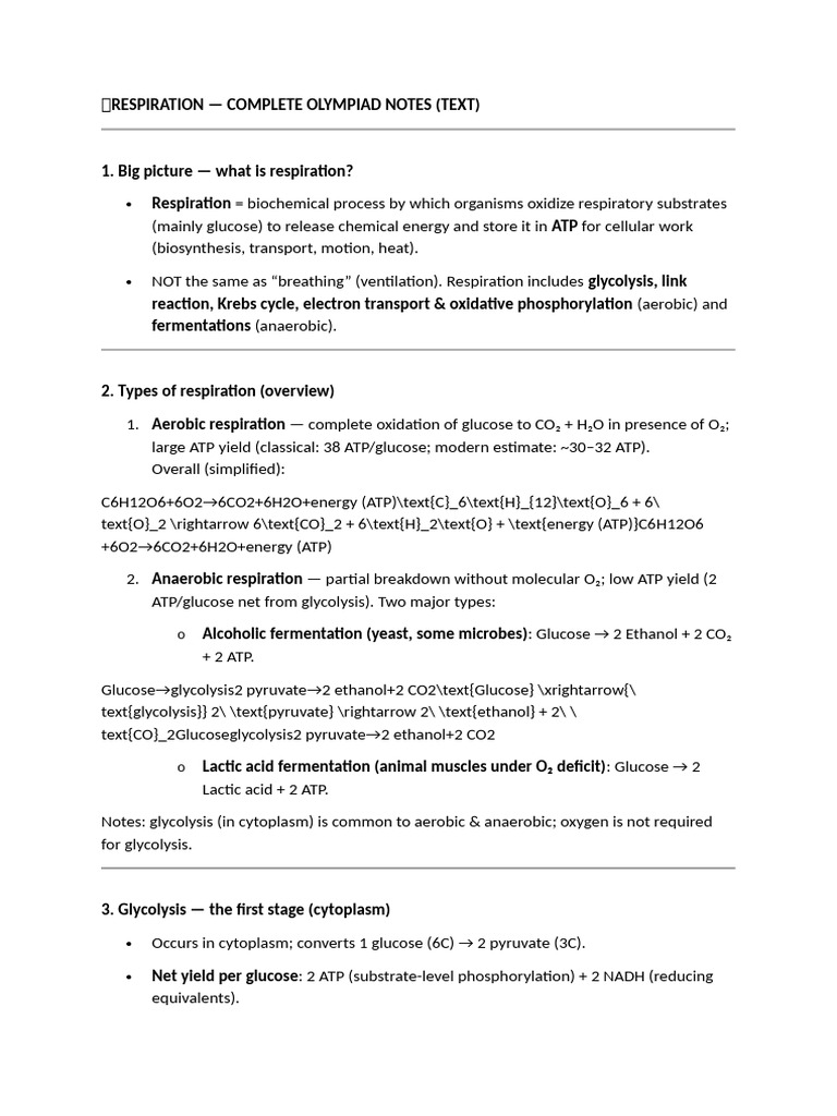 Comprehensive Respiration Olympiad Notes | PDF | Adenosine Triphosphate ...