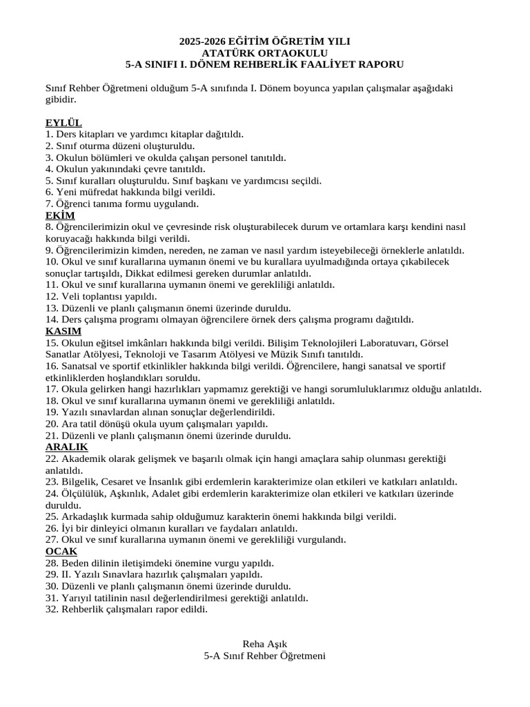 Siniflar I. Donem Rehberlik Faaliyet Raporu | PDF