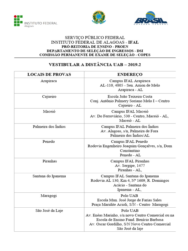 Locais de Provas Vestibular UAB 2019.2 | PDF
