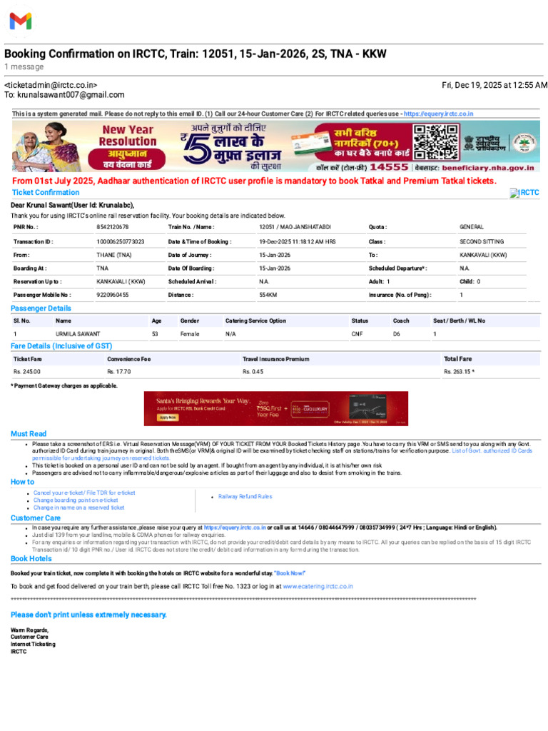 IRCTC Train Booking Confirmation Email | PDF | Service Industries