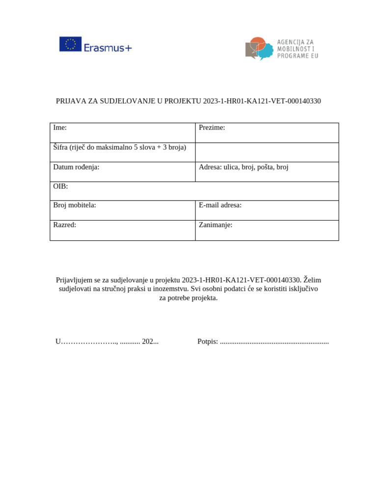 Prijava Za Sudjelovanje Ucenici 2 | PDF