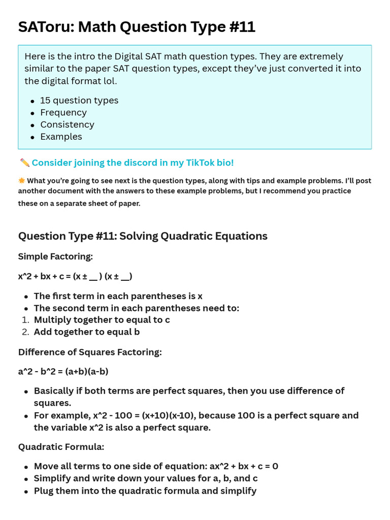 SAT Math: Solving Quadratic Equations | PDF