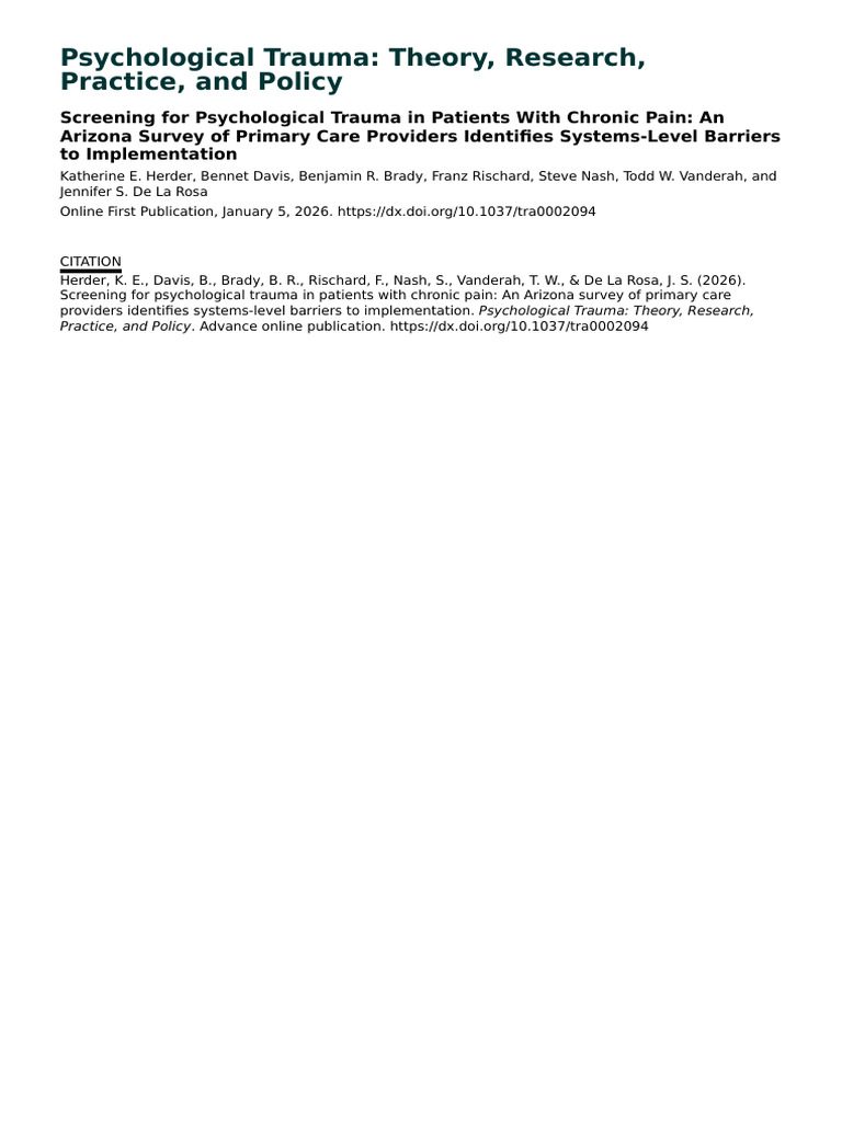 Arizona Trauma Screening in Chronic Pain | PDF | Psychological Trauma ...
