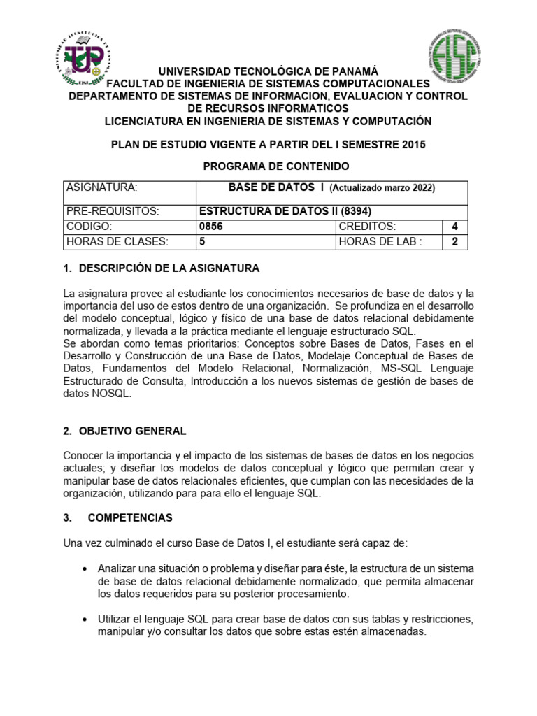 0856 - Base de Datos i - Plan Contenido | PDF | Bases de datos | Base ...