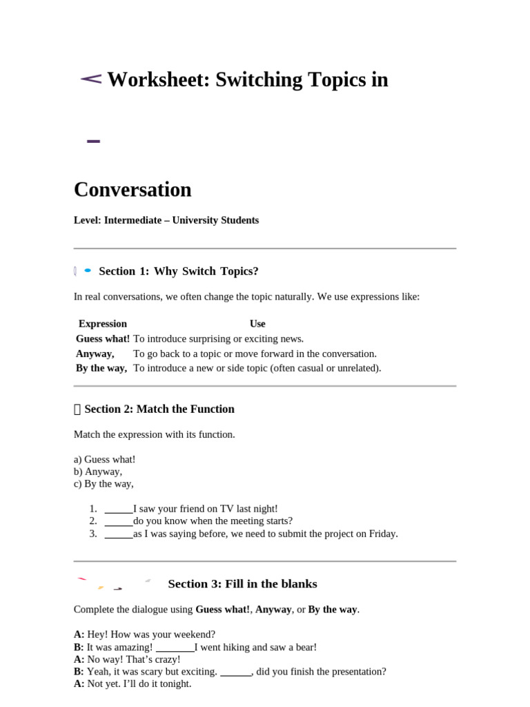 Conversation Topic Switching Worksheet | PDF