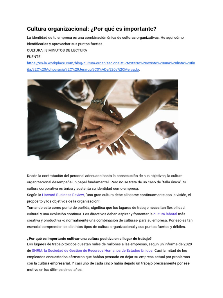 Importancia de la Cultura Organizacional | PDF | Cultura organizacional ...