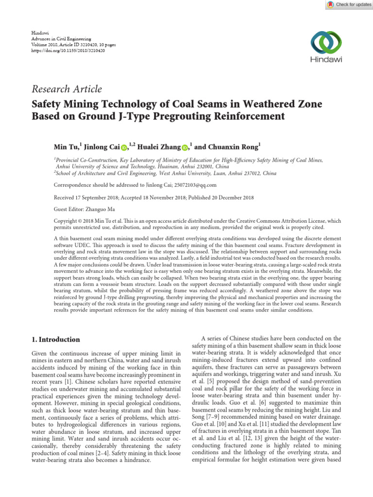 Advances in Civil Engineering - 2018 - Tu - Safety Mining Technology of ...
