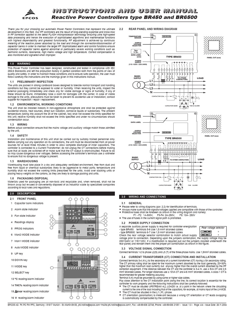 Power Factor Controller BR450 & BR6500 Manual | PDF | Capacitor | Ac Power