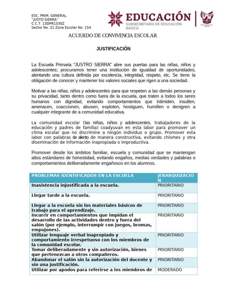 Acuerdo de Convivencia Escolar Justo Sierra | PDF | Escuelas | Violencia