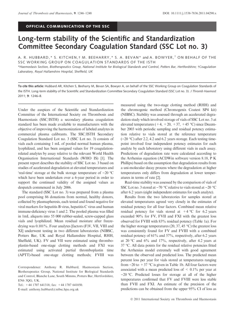 Long Term Stability of the Scientific An | PDF | Coagulation | Blood Plasma