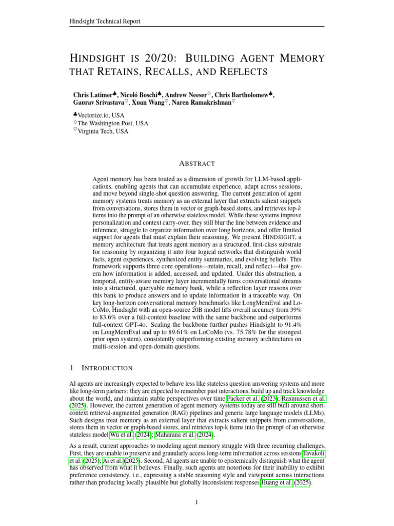Hindsight is 20-20 - Building Agent Memory That Retains, Recalls, And ...