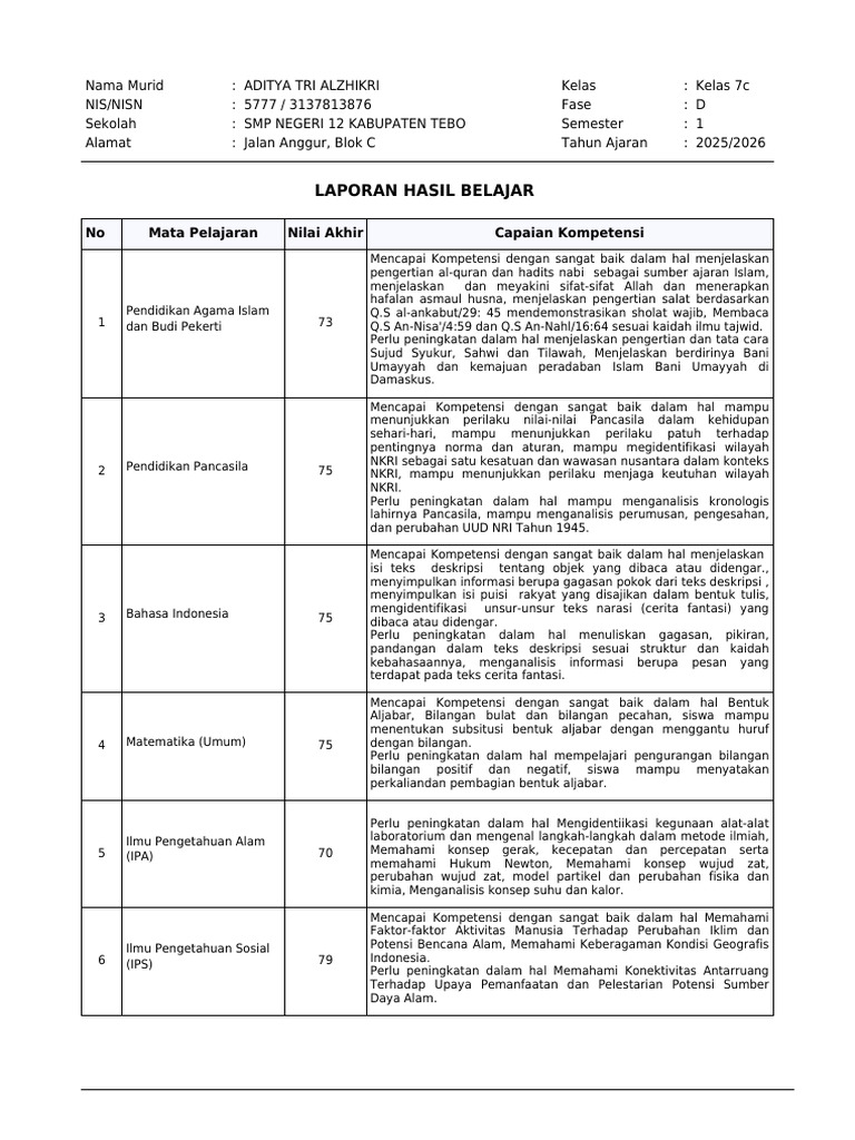 Laporan Hasil Belajar Aditya Kelas 7c | PDF