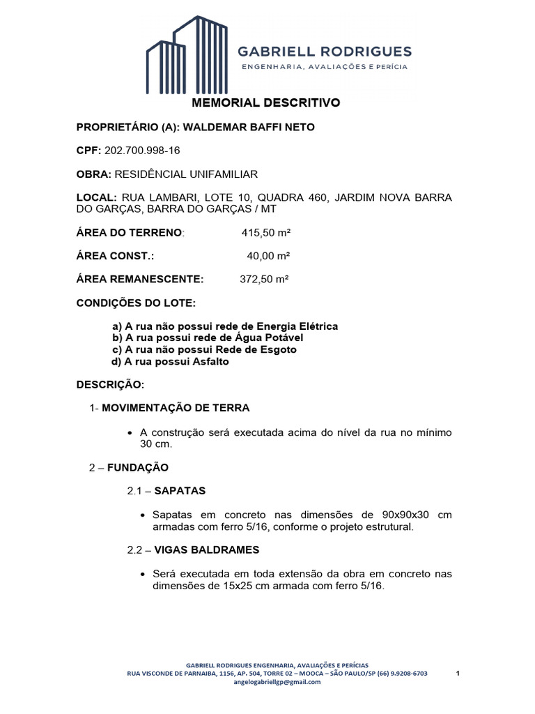 Memorial Descritivo de Obra Residencial | PDF | Engenharia Civil ...