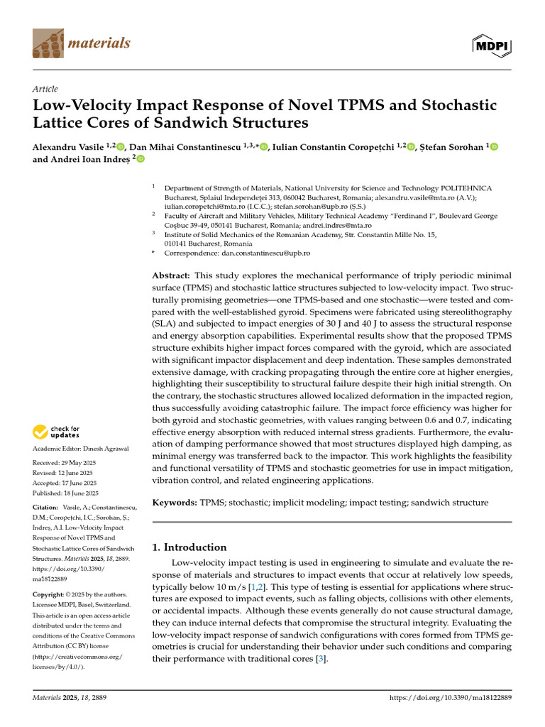 Low-Velocity Impact Response of Novel TPMS and Stochastic Lattice Cores ...