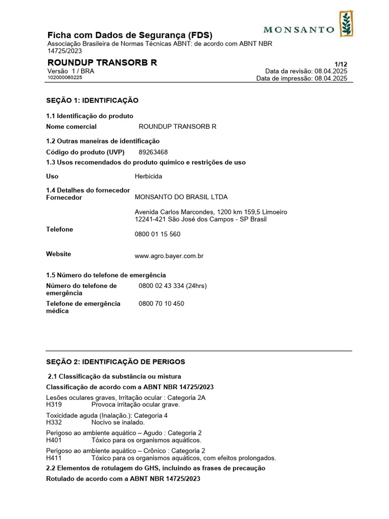 Ficha de Segurança Roundup Transorb R | PDF | Toxicidade