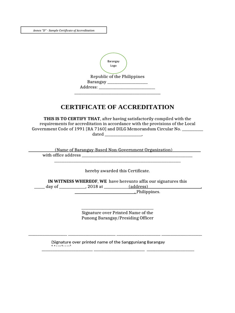 Barangay Certificate of Accreditation Template | PDF