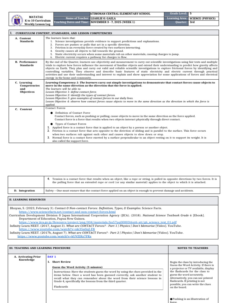 Grade 5 Science: Contact Forces Lesson | PDF | Force | Friction