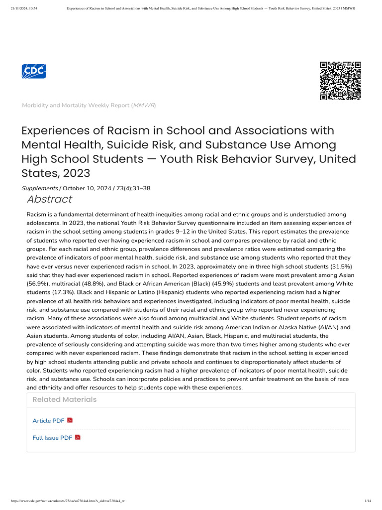Experiences of Racism in School and Associations With Mental Health ...