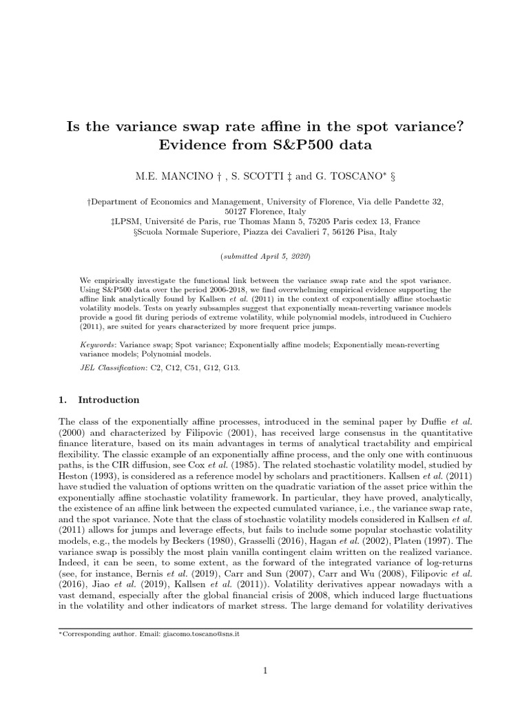 Variance Swap Rate and Spot Variance Analysis | PDF | Variance | Time ...