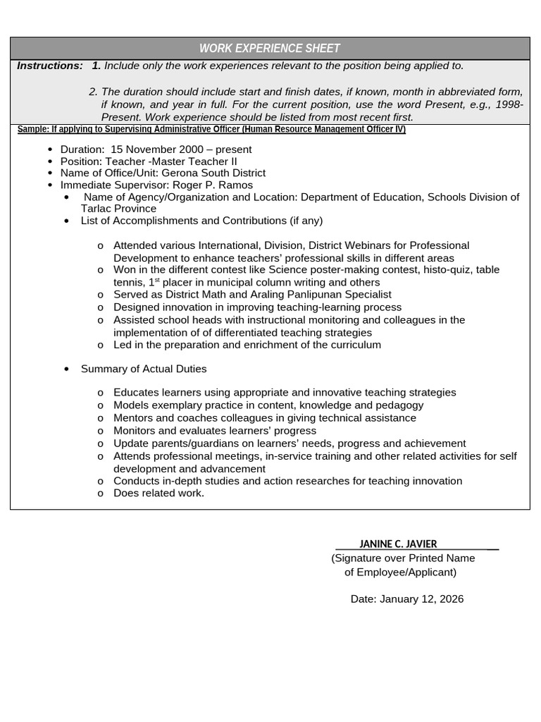 Work Experience Sheet for Educators | PDF | Teachers | Mentorship