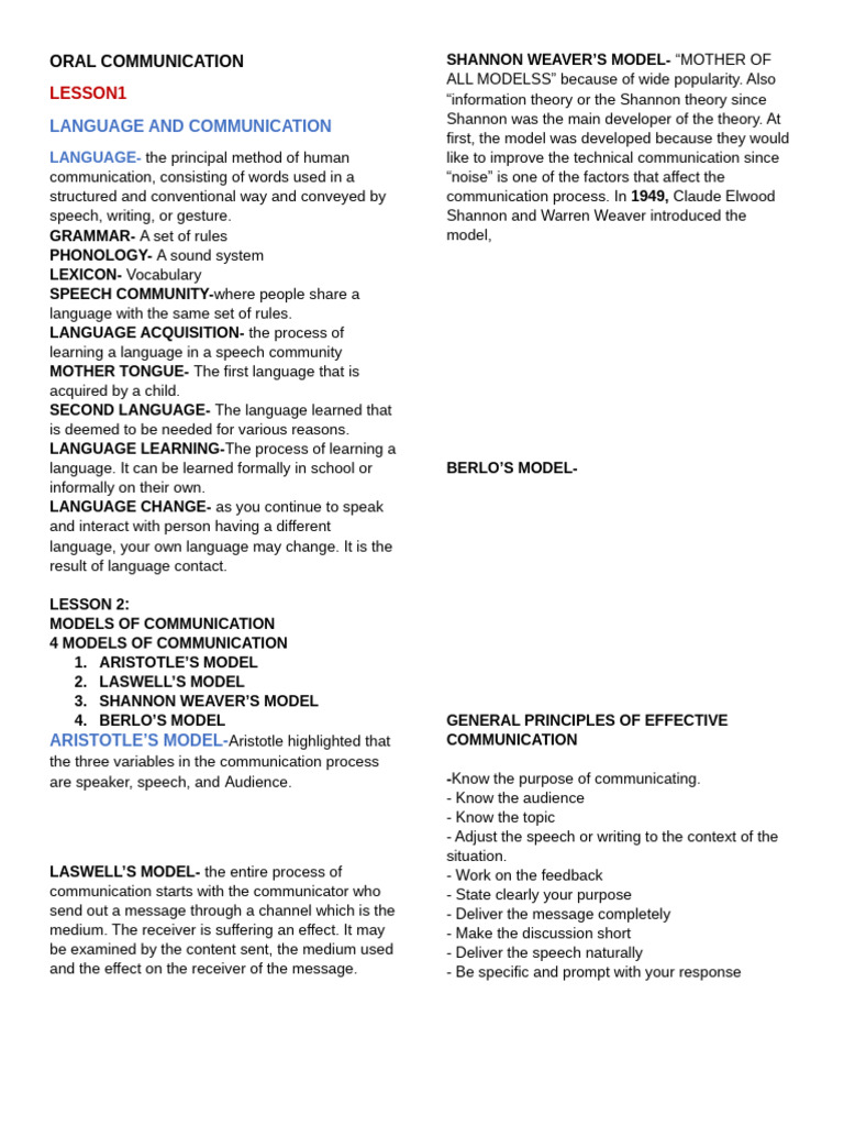 Oral Communication: Key Concepts & Models | PDF | Communication | Speech