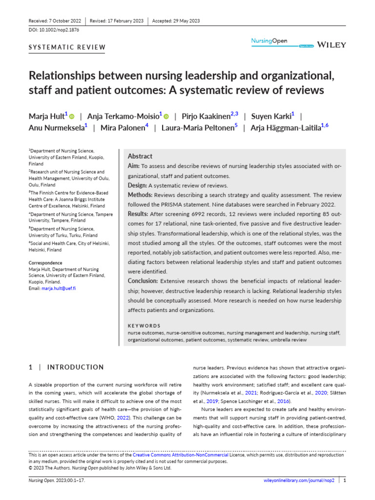Relationships Between Nursing Leadership and Organ | PDF | Systematic ...